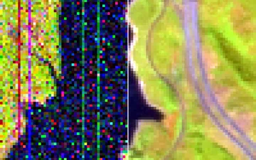 Jasper Ridge hyperspectral image in pseudo-color: the noisy, striped observation (left) and the S3TTV restoration (right)